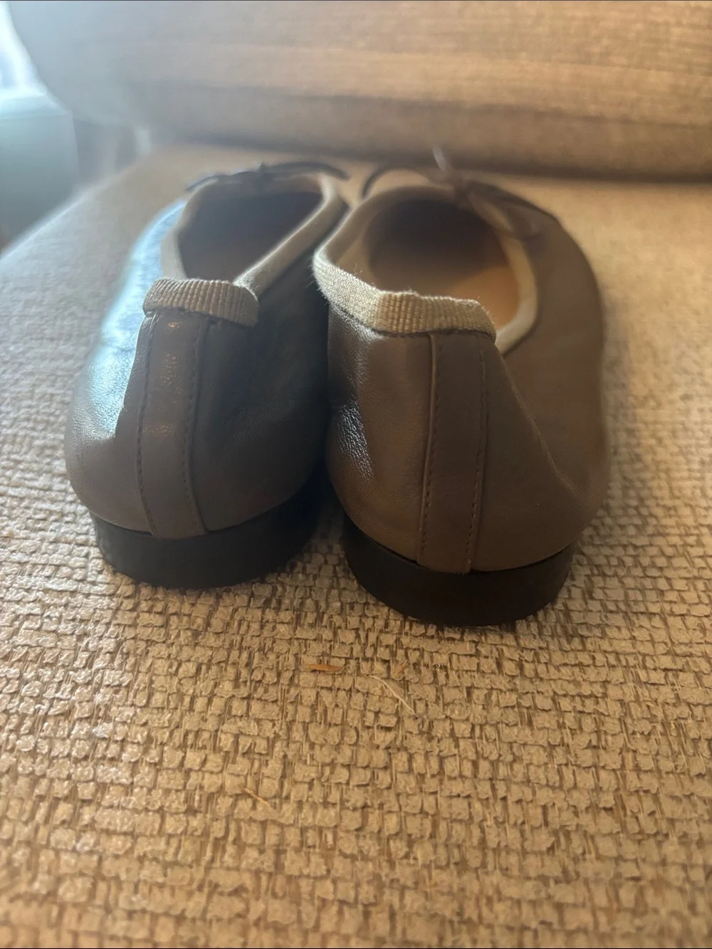 CHANEL Taupe Leather Ballet Flats with Black Patent Cap Toe